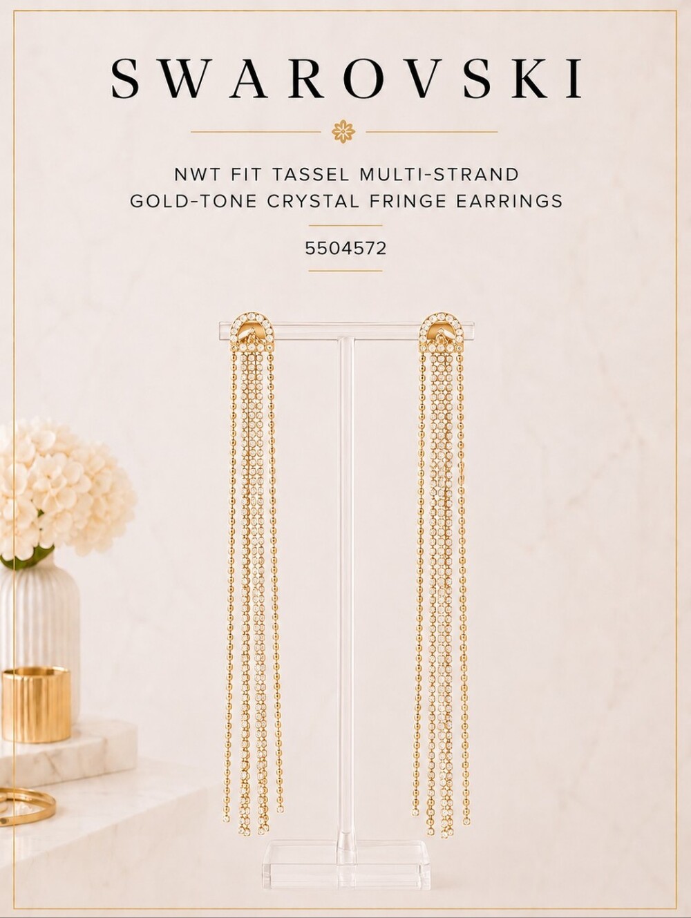 NWT Swarovski Fit Tassel Multi-Strand Earrings Gold-Tone Crystal Fringe 5504572